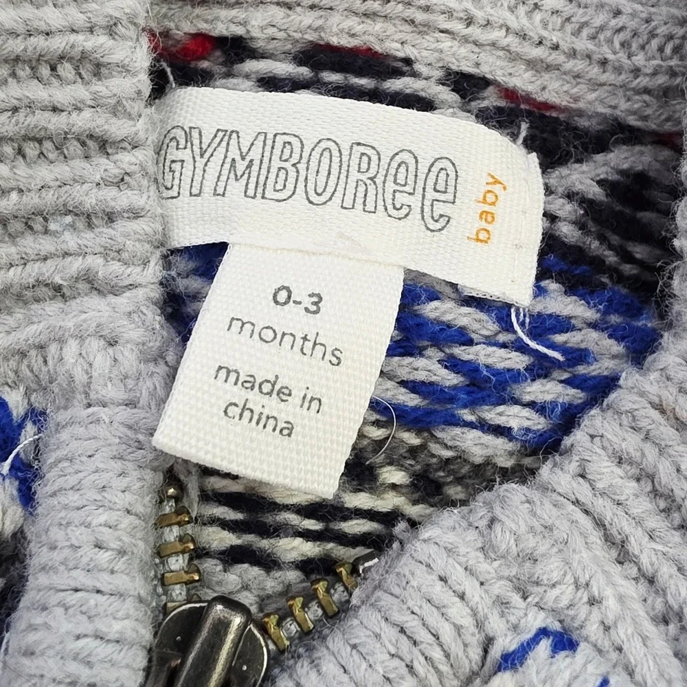 Gymboree Baby Boys Gray Fair Isle Hooded Zip Up Knit Sweater‎ 0-3 Months
